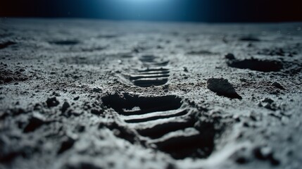 Astronaut footprints create patterns in the moon's dusty surface under a dim, otherworldly light, evoking space exploration.