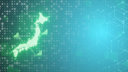 日本地図と統計グラフを融合したデジタル解析の未来イメージ背景
