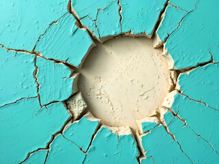 Cracked turquoise wall texture with central hole, weathered and aged effect. Generative AI