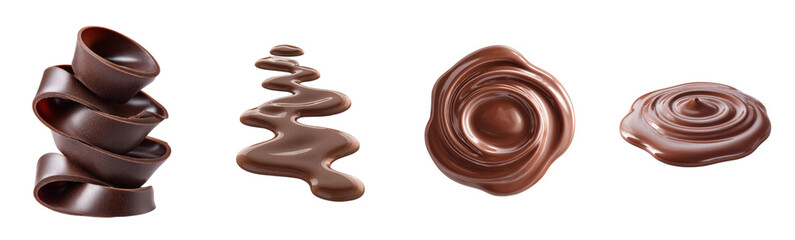 Obraz premium Chocolate curls, swirls, and drops. Delicious dessert design elements, confectionery, sweets, food styling, gourmet, decadent treats, cocoa, brown, texture, studio shot