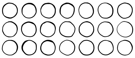 Set of round outline frames drawn by hand with marker with uneven curves, sloppy asymmetrical edges. Vector illustration of childlike round scribbles on white isolated background.
