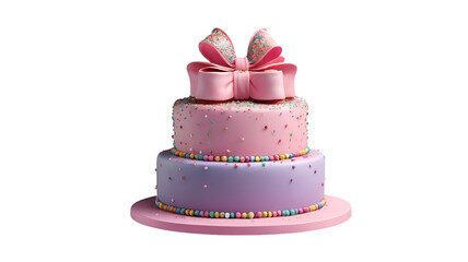 A two-tier birthday cake in pink and purple pastel colors, decorated with sprinkles and a large bow, a 3D illustration isolated on a white background. pink birthday cake isolated