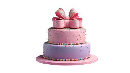 A two-tier birthday cake in pink and purple pastel colors, decorated with sprinkles and a large bow, a 3D illustration isolated on a white background. pink birthday cake isolated