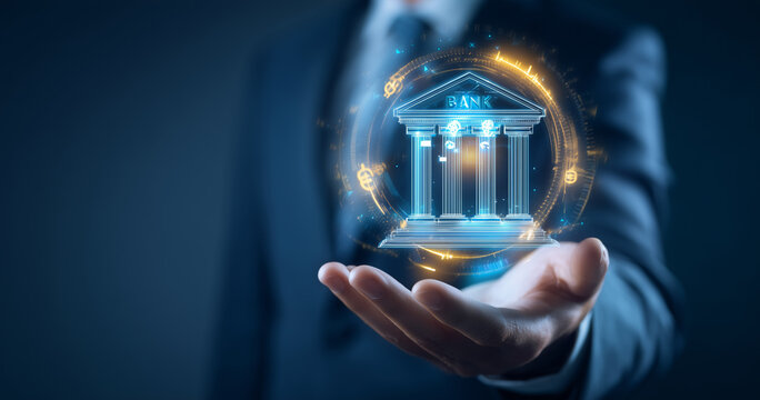 Businessman presenting a glowing hologram of a classical building facade - Powered by Adobe