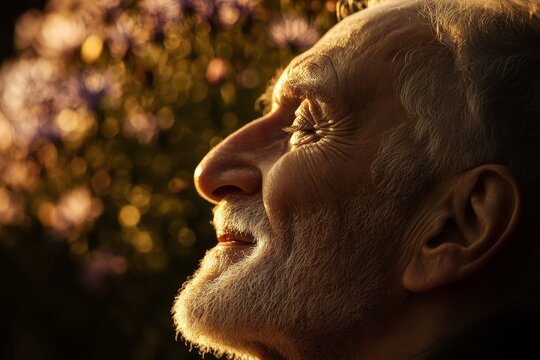 Close-up profile view of a senior man looking upward.