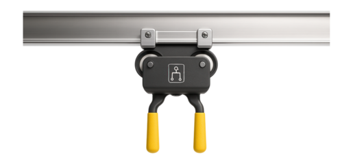 Overhead monorail system with a single-track design and manual trolley for small-scale assembly lines.