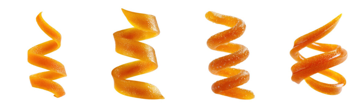 Candied orange peels in spirals. Confectionery delight, citrus zest, dessert topping, sweet treat, food styling, culinary decoration, garnish, candy, candied, peel, orange.