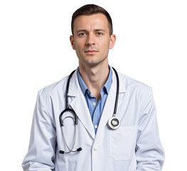 Fototapeta premium Confident male doctor in a white coat with a stethoscope, isolated on transparent background. Suitable for medical, healthcare, or professional-related designs and presentations.