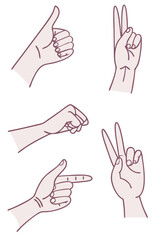 Fototapeta premium a photo of various hand gestures, a thumbs up, a peace sign, a pointing finger, a fist, and a hand making a victory sign, all drawn in a simple minimalist line art style 