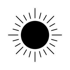 A minimalist, black sun icon featuring rays radiating outward, symbolizing warmth and brightness.
