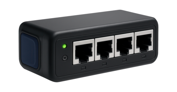 Compact Ethernet interface module with RJ45 ports for data communication in a manufacturing facility.