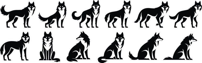 Wolf silhouette vector set, wild wolf poses clipart bundle, sitting and standing wolf icons, forest animal black graphic illustrations