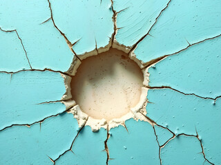Cracked turquoise wall texture with central hole, weathered and aged effect. Generative AI
