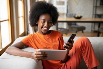 Woman using tablet and smartphone at home for online shopping and social media use