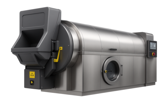 Large capacity tunnel washer with an automated loading system and touch-screen interface for high-volume textile processing