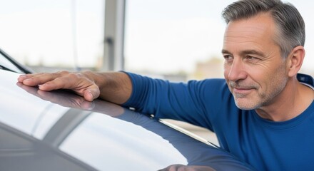 Caucasian mature male appreciating car's shine in garage setting