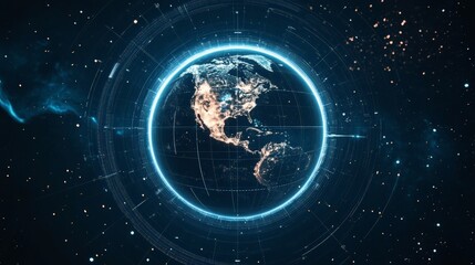 Naklejka premium Planet earth rotating in space with glowing particles and futuristic hud interface surrounding it, representing global communication and advanced technology