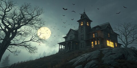 Fototapeta premium Spooky Haunted House on a Hill with Full Moon