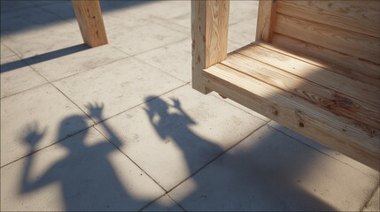Two playful shadows mimic gestures beside a sunlit wooden bench, creating an artistic scene on a tiled outdoor surface.