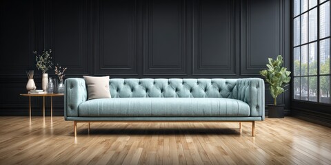 Teal tufted sofa in a classic black room.