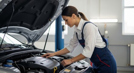 Young hispanic female mechanic performing car engine inspection in garage