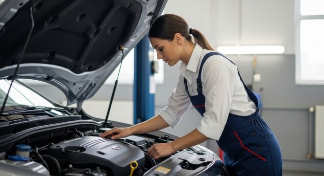 Young hispanic female mechanic performing car engine inspection in garage - Powered by Adobe