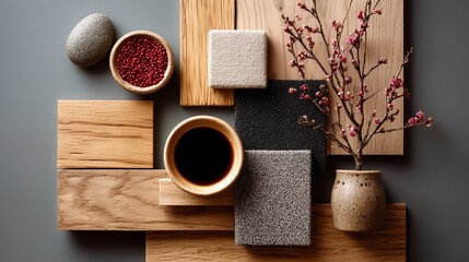 Japanese-inspired design with wood textures, ceramics, coffee, and cherry blossoms for a serene, aesthetic ambiance.
