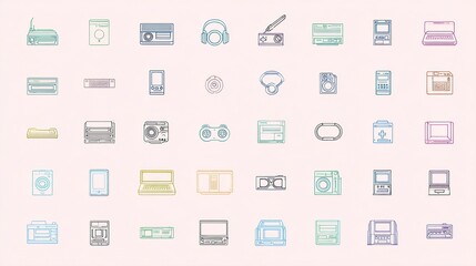 Pastel Icons of Vintage Electronics: A Nostalgic Collection of Outdated Gadgets and Devices