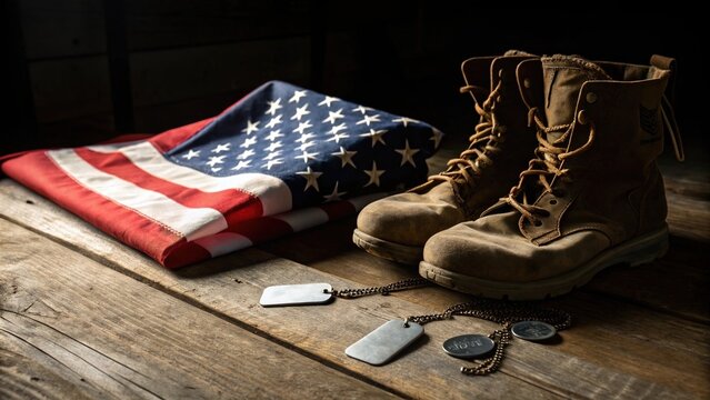 Veterans Day or Memorial Day concept with military boots, dog tags, and a folded American flag