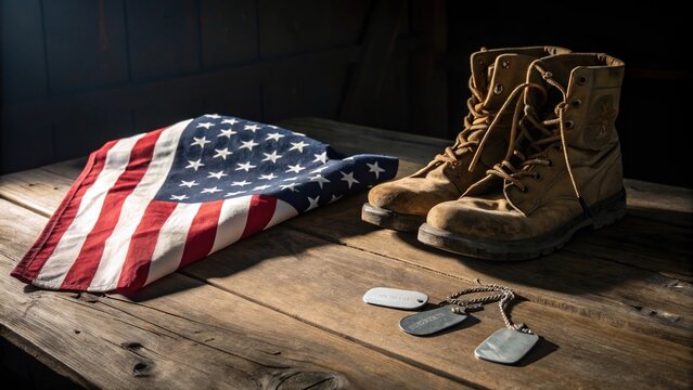 Patriotic still life for Veterans Day with combat boots, dog tags, and an American flag