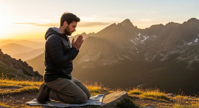 Man praying at sunset in mountains during travel. Lifestyle, spiritual relaxation, emotional meditation, religion and faith, outdoor vacation concept harmony with natural landscape