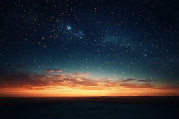 Starry night sky over glowing horizon with deep twilight colors and serene landscape