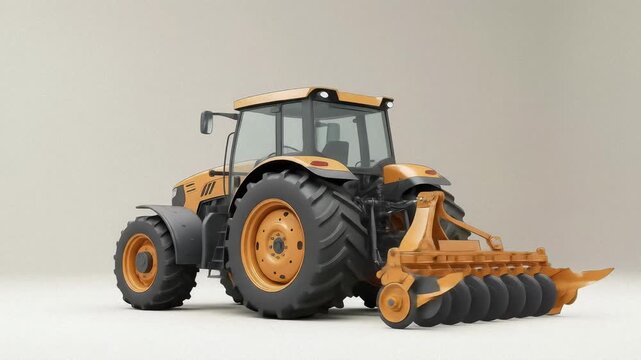 Modern yellow farm tractor with agricultural implement on a studio background. Heavy machinery for farming and cultivation. 3d animation footage.