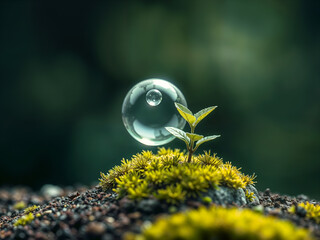 Transparent bubble resting on green sprout in natural setting, symbol of purity. Generative AI