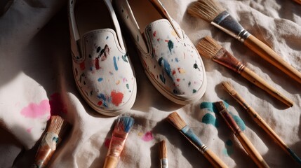 Colorful hand-painted shoes surrounded by paintbrushes on a canvas, suggesting creative DIY art inspiration.