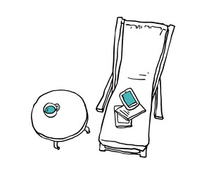 デッキチェアとミニテーブルのスケッチ風イラスト青