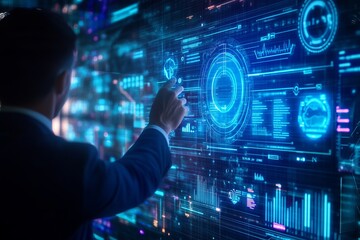 Businessman interacting with futuristic digital interface displaying data and analytics