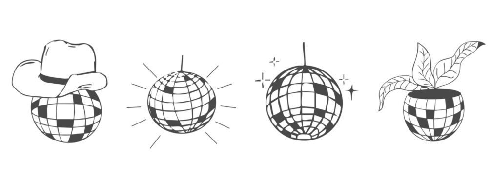 Disco ball y2k bachelorette party tattoo sketch. Disco ball with hat vinyl set. Doodle shiny nightlife music illustration. Groovy 2000 party