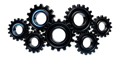 Obraz premium Interconnected cogwheel formation with a glossy black surface and embedded LEDs.