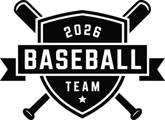 Black and white baseball team logo features crossed bats and the year 2026