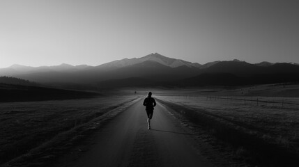 A lone runner jogs along a tranquil country road at dawn, with majestic mountains silhouetted against the rising sun.