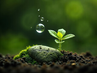 Transparent bubble resting on green sprout in natural setting, symbol of purity. Generative AI