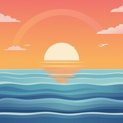 A beautiful sunset over the ocean with a rainbow in the sky. The sky is filled with birds flying around