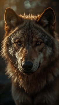 Majestic Wolf Portrait: Golden Hour Beauty, Wild Eyes, Intense Gaze
