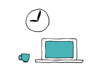 ノートPCと時計とコーヒーカップのイラスト青