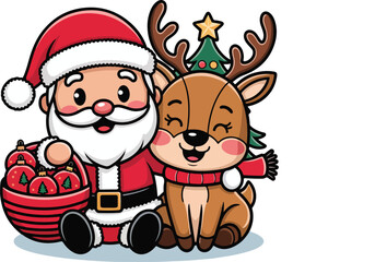 Fototapeta premium Adorable Santa and a festive reindeer happily embrace, ready for holiday decorating.