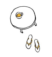 ミニテーブルとカップとサンダルのイラスト黄色