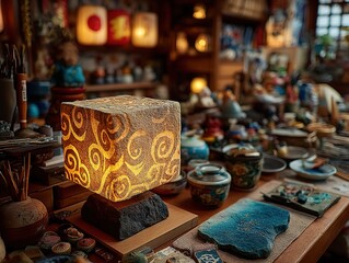 Stone Base with Cloud-Patterned Light Cube on Wood Table - Feng Shui Illumination Art for Harmony & Ancestral Spirit