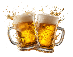 Two beer mugs clinking isolated on transparent background