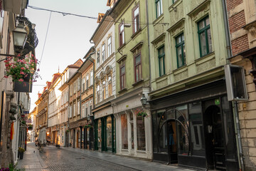 Charming Historic Street with Colorful Facades in Ljubljana on a Quiet Morning